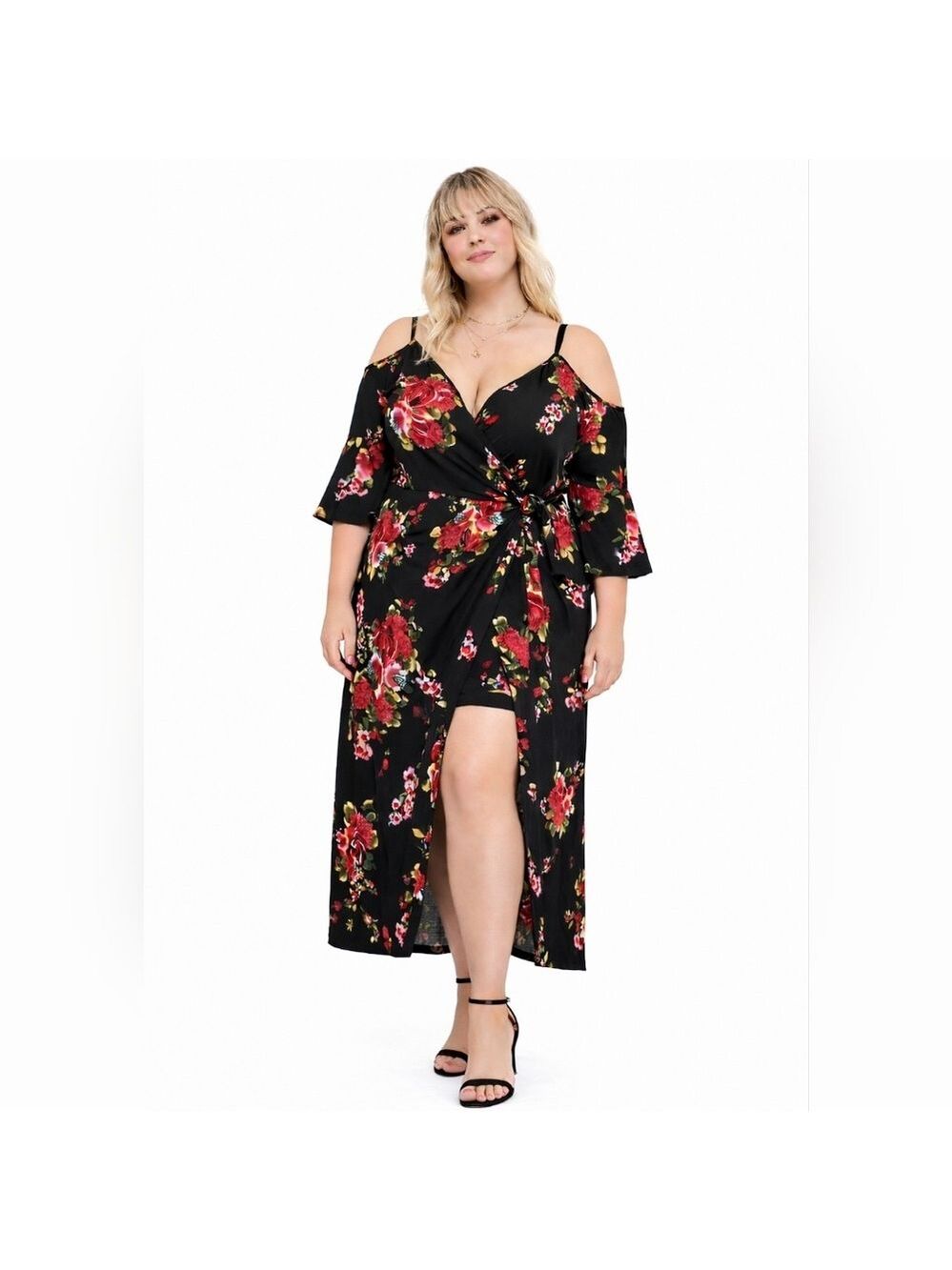 Find Me Plus Size Black Red Floral Wrap Dress 1X